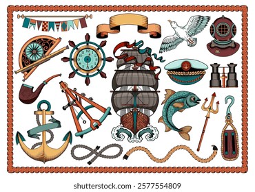 Colorful design vector set with old ship, sea objects and symbols, antique navigational devices, anchor, vignette banners. Vintage transportation and adventures concept isolated on white.