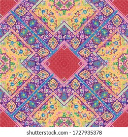 Coloroso diseño vintage de patrón sin fisuras con tropismo floral, elementos de mandala .Papel de fondo dibujado a mano. Motivos islámicos, árabes, indios, otomanos. Maqueta de tapiz con resorte adorno