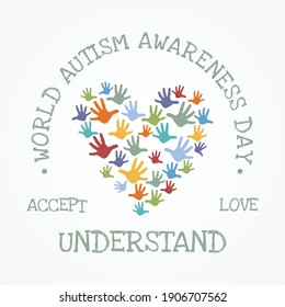 Colorful design word world autism awareness day with hand puzzle shaped love symbol. World autism awareness day for banner background design element. Vector illustration EPS.8 EPS.10