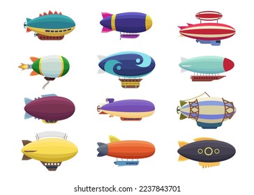 Colorful designs of airships or blimps vector illustrations set. Collection of cartoon drawings of vintage aircrafts isolated on white background. Aviation, traveling, transportation concept