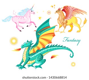 Colorful designs of fabulous mythical creatures with a fire breathing dragon, galloping unicorn and griffin with the word Fantasy on white