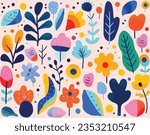 Colorful Designs for Floral Background Flat Design for Children, in the Style of Etel Adnan, Figurative and Abstract Motifs, CFA Voysey, Texture Exploration, Animated Shapes, Detailed Pen Strokes
