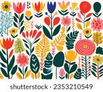 Colorful Designs for Floral Background Flat Design for Children, in the Style of Etel Adnan, Figurative and Abstract Motifs, CFA Voysey, Texture Exploration, Animated Shapes, Detailed Pen Strokes