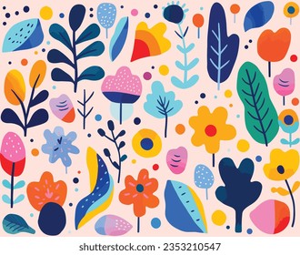 Colorful Designs for Floral Background Flat Design for Children, in the Style of Etel Adnan, Figurative and Abstract Motifs, CFA Voysey, Texture Exploration, Animated Shapes, Detailed Pen Strokes