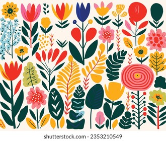 Diseños coloridos para el diseño plano de fondo floral para niños, al estilo de Etel Adnan, Motivos figurativos y abstractos, Voysey CFA, Exploración de texturas, Formas animadas, trazos detallados de plumas