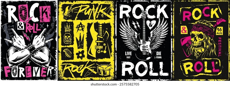 Colorful designs highlight a rock and roll festival promoting music and culture. Bold graphics feature guitars and elements of punk and rock styles emphasizing artistic expression.