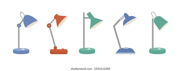 Colorful desk lamp. Table lamp set illustration. Collection of modern study desk lamp. Vector Illustration of a Desk Lamps for Cozy Study Spaces. Functional Desk Lamp. 