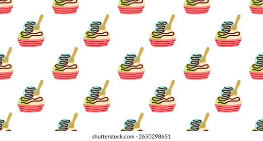 Colorful dessert bowls with swirls of ice cream and toppings arranged in a playful pattern