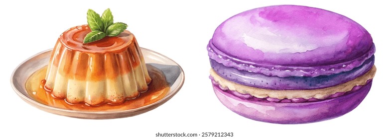 Colorful dessert illustration, creamy flan, vibrant macaron, watercolor style, sweet treats, gourmet food art.