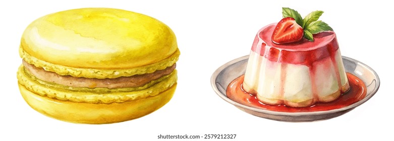 Colorful dessert illustration, macarons and panna cotta, watercolor style, vibrant food art, culinary delight.