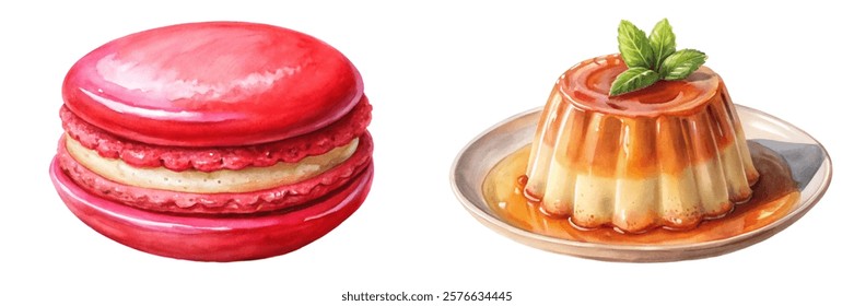 Colorful dessert illustration, vibrant macarons, creamy flan, watercolor style, food art, culinary delight.