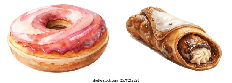 Colorful dessert illustration, watercolor style, sweet donut, creamy cannoli, food art, bakery treats, delicious pastries.