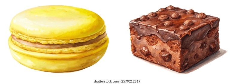 Colorful dessert illustration, yellow macaroon, chocolate brownie, watercolor style, sweet treats, bakery art.