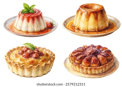 Colorful dessert illustrations, creamy textures, artistic watercolor style, gourmet pastries, vibrant fruit toppings.