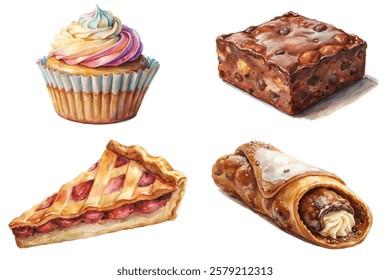 Colorful dessert illustrations, cupcake with frosting, chocolate brownie, fruit pie slice, cannoli pastry.