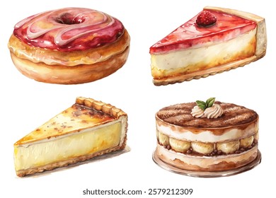 Colorful dessert illustrations, delicious pastries, watercolor style, sweet treats, gourmet cakes, vibrant colors, artistic presentation.