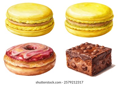 Colorful dessert illustrations, macarons and donuts, sweet treats, watercolor style, bakery art, food design.