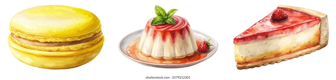 Colorful dessert illustrations, macarons, panna cotta, cheesecake, watercolor style, sweet treats, culinary art.