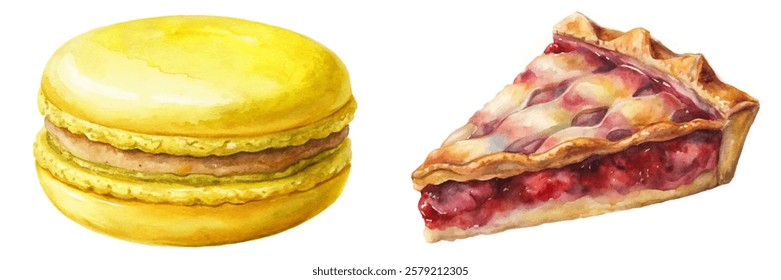 Colorful dessert illustrations, macarons and pie, watercolor style, delicious pastries, food art, culinary delight.