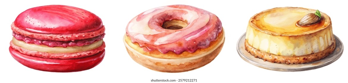 Colorful dessert illustrations, watercolor style, macarons, donuts, cheesecake, sweet treats, bakery art, food design.