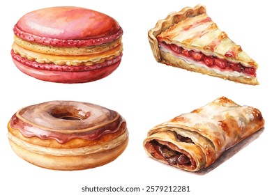 Colorful dessert illustrations, watercolor style, sweet pastries, macaron, pie slice, donut, strudel, food art.