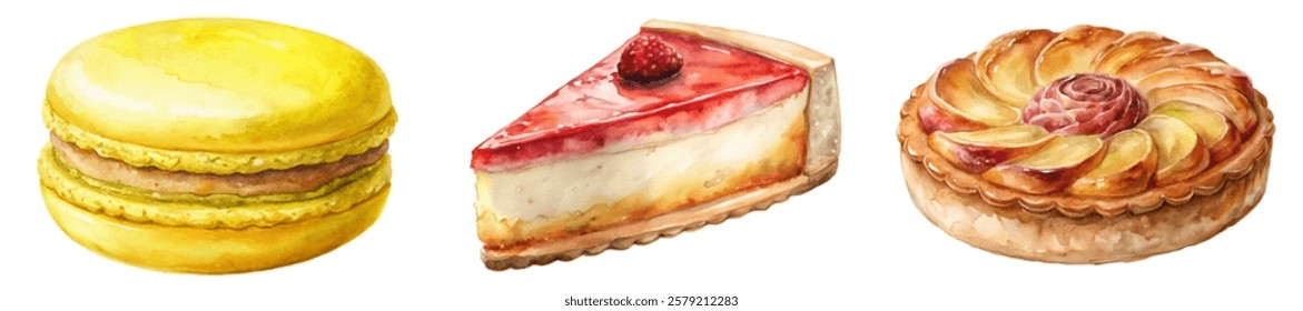 Colorful dessert illustrations, watercolor style, macarons, cheesecake slice, fruit tart, sweet treats, bakery art.