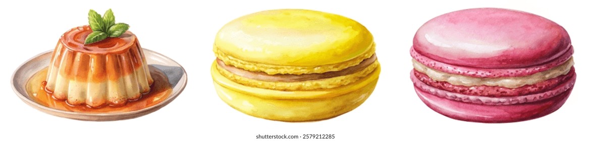 Colorful dessert illustrations, watercolor style, sweet treats, gourmet pastries, vibrant macarons, creamy flan, food art.