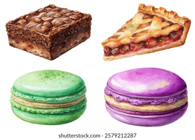 Colorful dessert illustrations, watercolor style, sweet treats, chocolate brownie, fruit pie, macarons, bakery art.