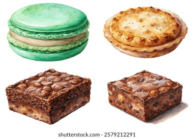 Colorful dessert illustrations, watercolor style, macarons, pie, brownies, sweet treats, gourmet pastries.