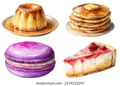 Colorful dessert illustrations, watercolor style, sweet treats, pancakes with syrup, macarons, cheesecake, vibrant food art.