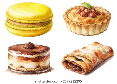 Colorful dessert illustrations, watercolor style, sweet pastries, gourmet treats, artistic food presentation.