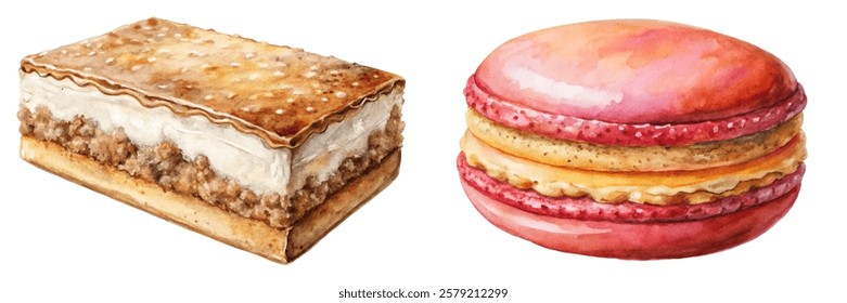 Colorful dessert illustrations, watercolor style, sweet treats, macarons and layered cake, food art, culinary design.