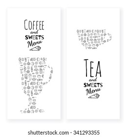 Colorful dessert menu template with typographic on colorful background with different sweets. Coffee, tea and sweets menu. Banner set for cafe, restaurant and food web, menu, ads and package design.