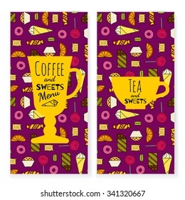 Colorful dessert menu template with typographic on colorful background with different sweets. Coffee, tea and sweets menu. Banner set for cafe, restaurant and food web, menu, ads and package design.