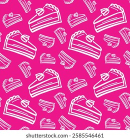 Colorful dessert pattern featuring detailed cake slices on a vibrant pink background