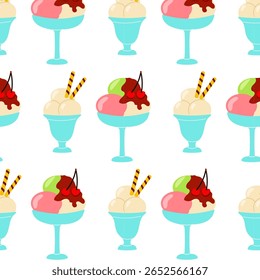 Colorful dessert pattern featuring ice cream treats in retro-style cups on a bright background