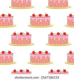 Colorful dessert pattern featuring pink cakes with cherries on top against a white background