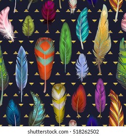 Colorful detailed bird feathers pattern, watercolor design set. Hand drawn editable elements, realistic style, vector illustration. Ethnic Colored feathers, seamless background,sketched collection.