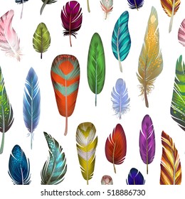 Colorful detailed bird feathers pattern, watercolor design set. Hand drawn editable elements, realistic style, vector illustration. Ethnic Colored feathers, seamless background,sketched collection.