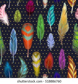 Colorful detailed bird feathers pattern, watercolor design set. Hand drawn editable elements, realistic style, vector illustration. Ethnic Colored feathers, seamless background,sketched collection.