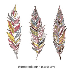 Colorful detailed bird feathers set, painted watercolor design. Hand drawn editable elements, realistic style, vector illustration. Ethnic Colored feathers, isolated on background, sketched collection