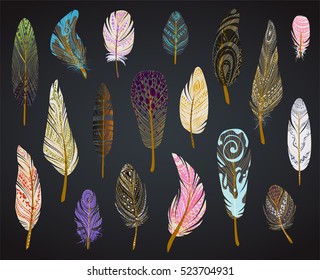 Colorful detailed bird feathers set, painted watercolor design. Hand drawn editable elements, realistic style, vector illustration. Ethnic Colored feathers, isolated on background,sketched collection.