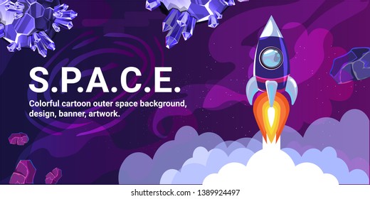 Colorful detailed cartoon outer space background, design, banner, artwork. 