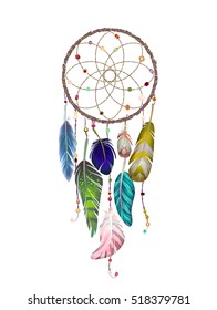 Colorful detailed Dream catcher set, painted watercolor design. Hand drawn editable elements, realistic style, vector illustration. Ethnic Colored feathers, isolated on background,sketched collection.