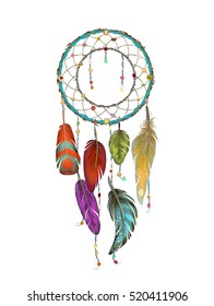 Colorful detailed Dream catcher set, painted watercolor design. Hand drawn editable elements, realistic style, vector illustration. Ethnic Colored feathers, isolated on background,sketched collection.