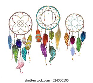 Colorful detailed Dream catcher set, painted watercolor design. Hand drawn editable elements, realistic style, vector illustration. Ethnic Colored feathers, isolated on background,sketched collection.