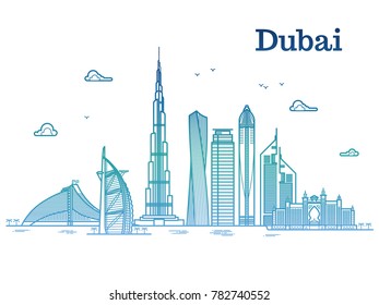 Colorful Detailed Dubai Line Vector Cityscape With Skyscrapers. Dubai Urban Building, Business City Illustration