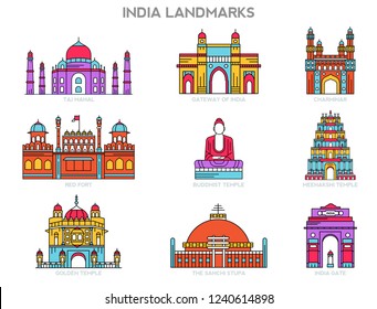 Colorful detailed famous monument and buildings landmark of India. Travel and tourism background