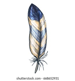 Colorful detailed green bird feather, isolated on white background, Vector illustration