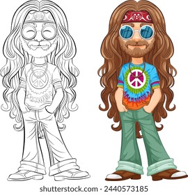 Colorful and detailed hippie character with peace symbols.